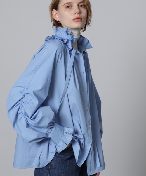 タグ付き美品CADUNEカデュネ フリル衿ブラウス ボウタイネイビー紺