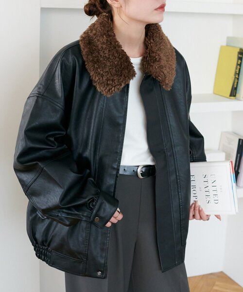 セール】【衿取り外し可能/ユニセックス】ボア衿付きフェイクレザー