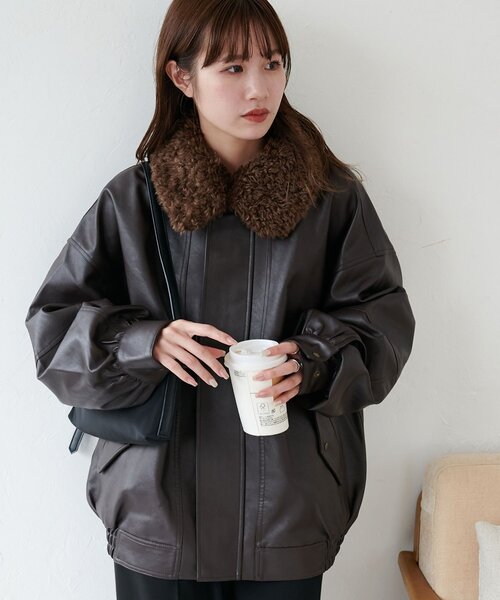 セール】【衿取り外し可能/ユニセックス】ボア衿付きフェイクレザー