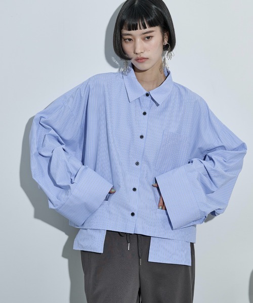 セール】ダブルポケットタックスリーブストライプクロップドシャツ