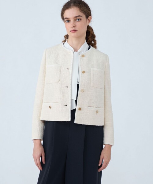 セール】スラブコットンツイード Vクルーネックジャケット（ノーカラー
