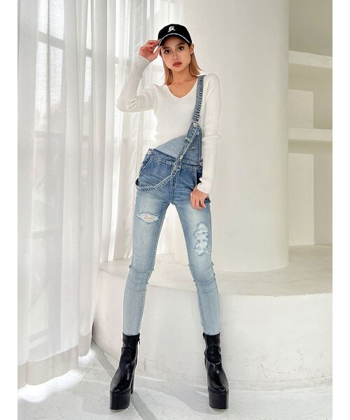 GYDA（ジェイダ）の「ダメージデニムスキニーサロペット（つなぎ