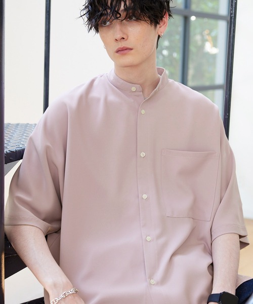 綾トロミ ドレープドルマン ハーフスリーブバンドカラーシャツ 2023SS