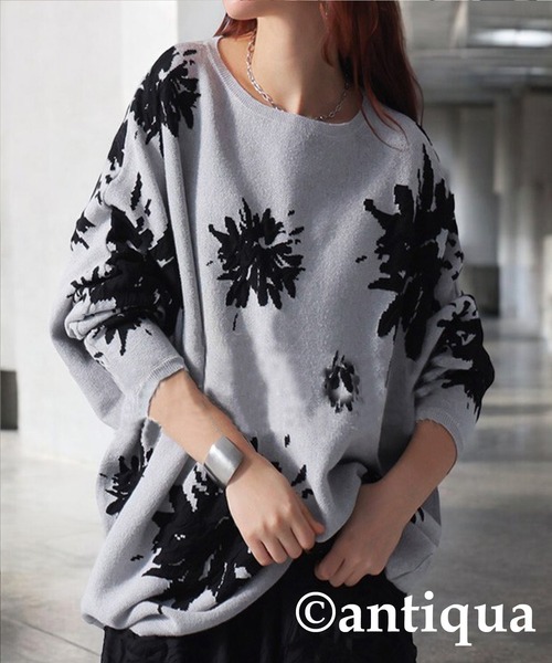 ボートネック 花柄 ジャガード ドルマンニット（ニット/セーター