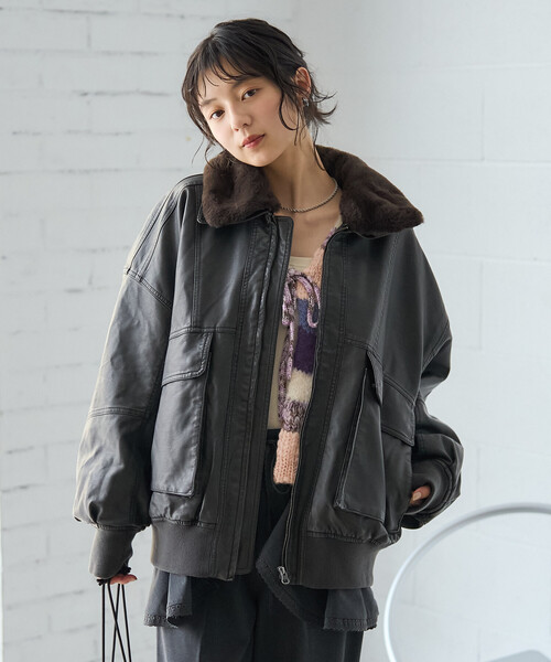 セール】2way フェード加工 ファー襟レザレットブルゾン/ファー切替