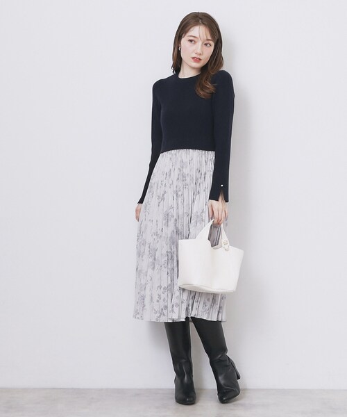 セール】フラワープリーツドッキングニットワンピース【洗濯機OK