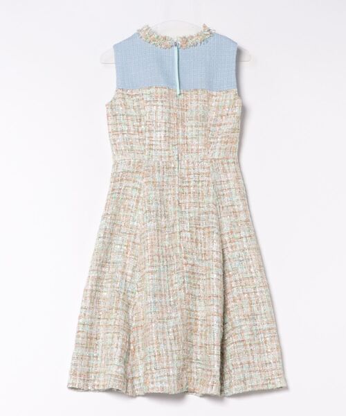 セール】ツイードコンビ フレア 切り替え ワンピース ノースリーブ