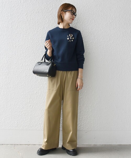 SHIPS any:〈手洗い可能〉裏起毛 ビジュー クルーネック コンパクト