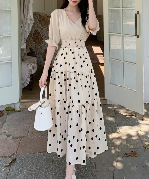 セール】レディース 半袖フリルドット柄セットアップ風ワンピース