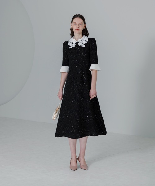 LEJA】花柄レースカラースパンコール刺繍Aラインフレアドレス