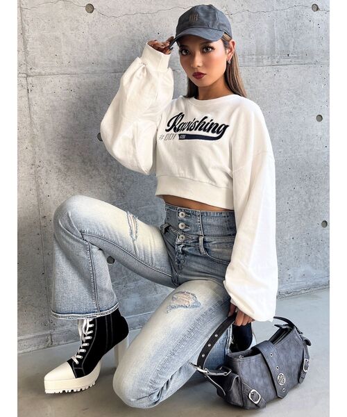 GYDA（ジェイダ）の「ハイウエストBACKクロスダメージフレアデニム