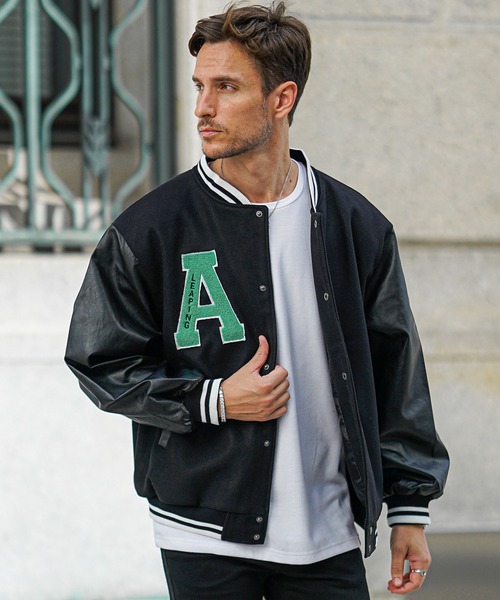 セール】オーバーサイズカレッジロゴスタジャン メンズ PUレザー