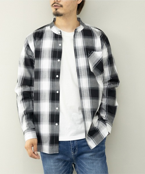 セール】平織チェック柄バンドカラー長袖シャツ（シャツ/ブラウス