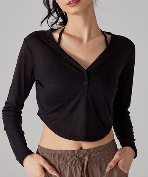 レディース 長袖シアークロップド丈Vネックヨガトップス ピラティス