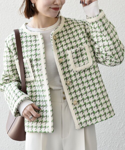 SHIPS any: ツイード パイピング ノーカラー ジャケット（ノーカラー