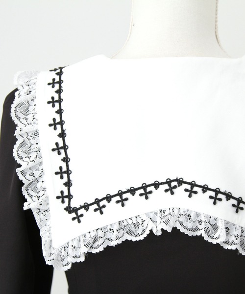 十字架クロススタッズチェーンレースアップフリルセーラーワンピース