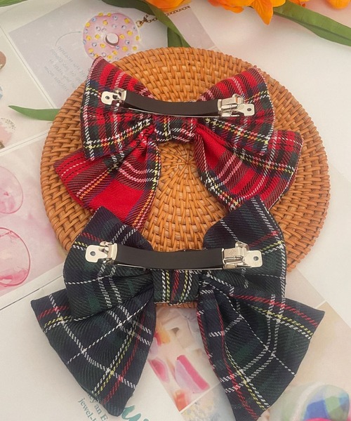 セール】11D2-TJ チェック柄 ビッグリボンバレッタ ヘアクリップ