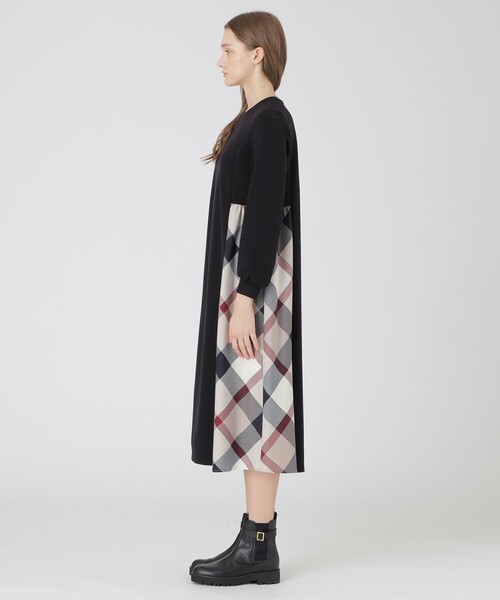 セール】ウールミックスポンチパーシャルチェックドレス（ワンピース