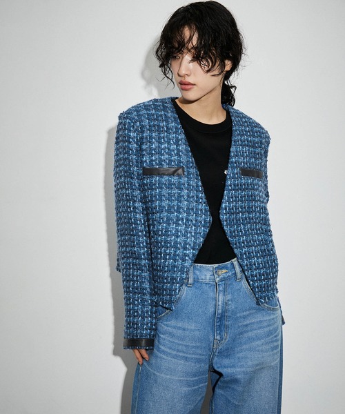 セール】クロップドシングルツイードジャケット（ノーカラージャケット