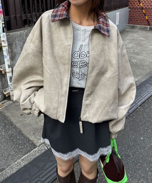 チェック襟チェックフェイクレザーバルーンショートブルゾン（その他