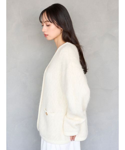 セール】ファーライクミドルニットジャケット（ノーカラージャケット