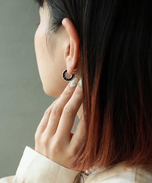 シルバー925ブラックジルコニア埋め込みフープアス/レディース/メンズ