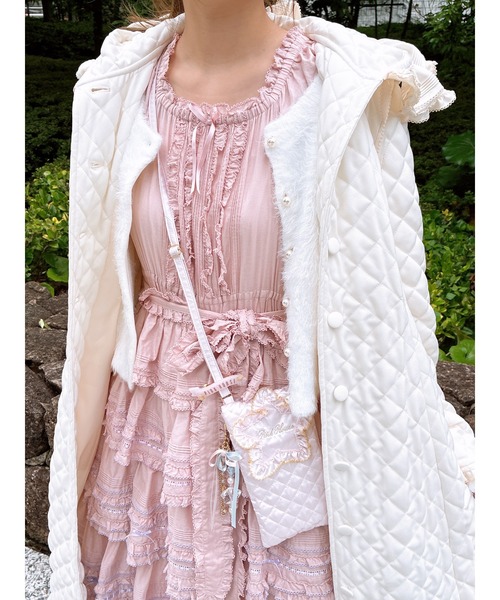 フリルフード付きキルティングロングコート（その他アウター）｜PINK