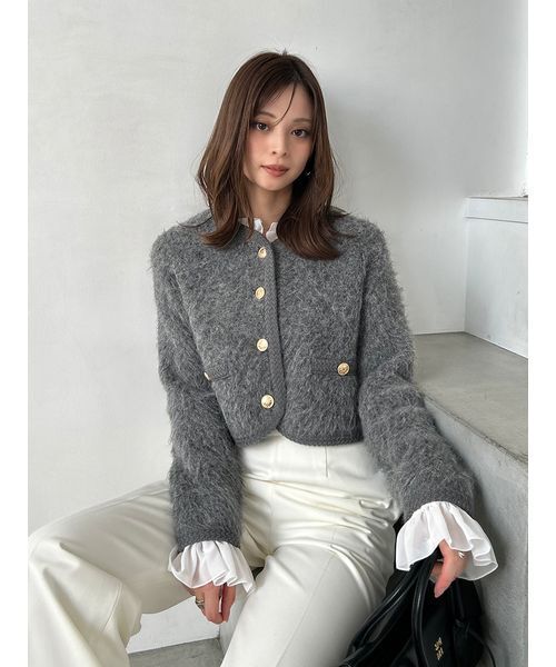 セール】ファーライクフリルニットジャケット（ノーカラージャケット