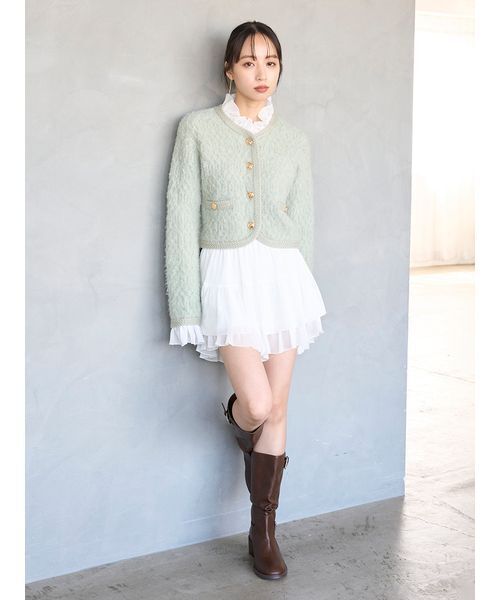 セール】ファーライクフリルニットジャケット（ノーカラージャケット