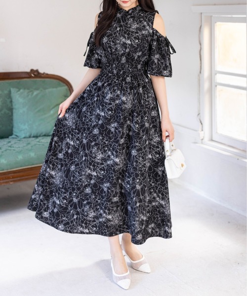 2way花柄オープンショルダーフレアワンピース[大人 フェミニン 上品