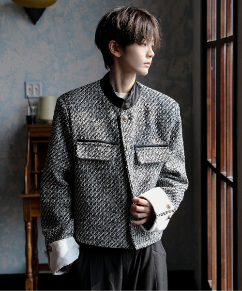 セール】【neos】ショート丈 ビッグカフス ノーカラー ツイード