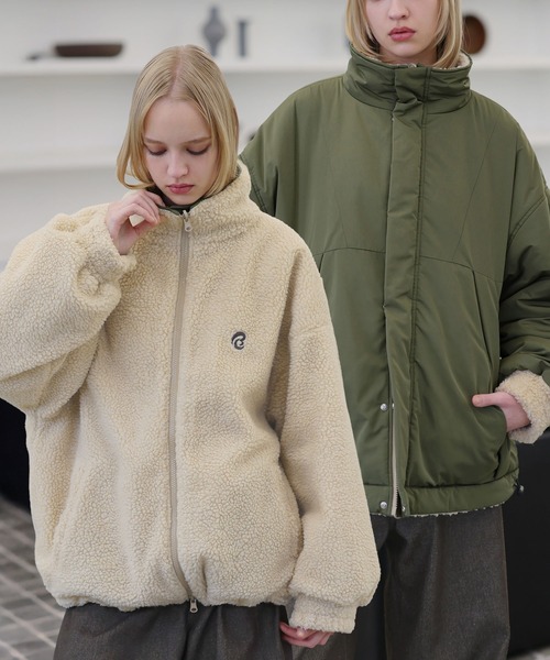 ダブルジップ比翼デザイン裏ボアリバーシブル中綿ブルゾン（ブルゾン