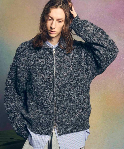 セール】《UNISEX》Prime-Over Mohair Mixed Plating Cable Knit Zip