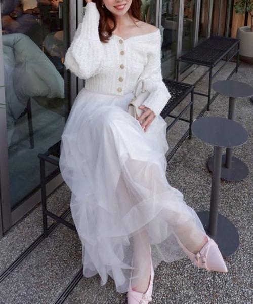 デザインボタンオフショルニットカーディガントップス 春服