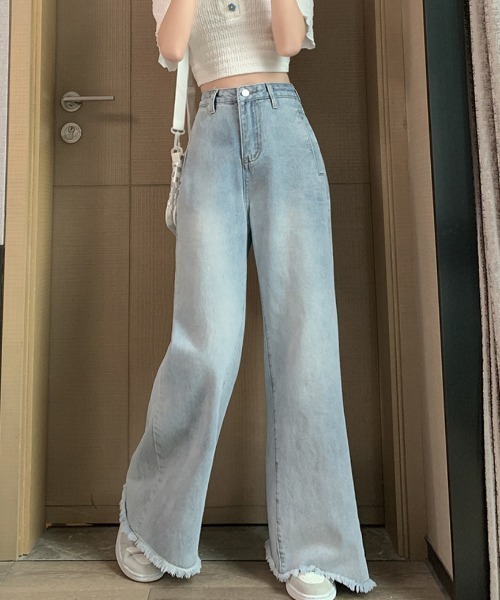 セール】裾フリンジデニムワイドフレアパンツ（デニムパンツ