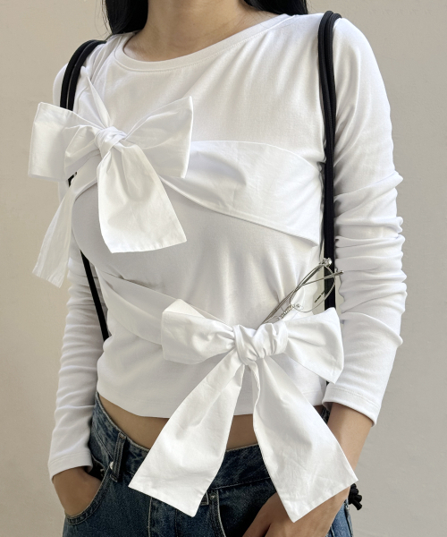 セール】ダブルリボンタイトトップ_ホワイト（Tシャツ/カットソー