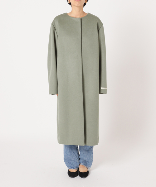 セール】□別注LANA WOOL 140 クルーネックコート（ノーカラーコート