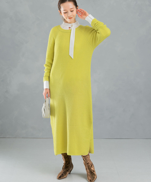 セール】ヤク混サイドスリット畦ニットワンピース（ワンピース