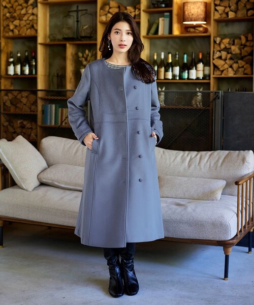 ウール95%】ノーカラー包みボタンAラインコート（ノーカラーコート