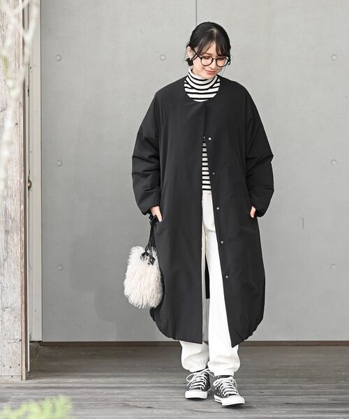 裾バルーン中綿ノーカラーロングコート（ノーカラーコート）｜rps