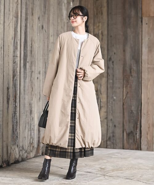 裾バルーン中綿ノーカラーロングコート（ノーカラーコート）｜rps