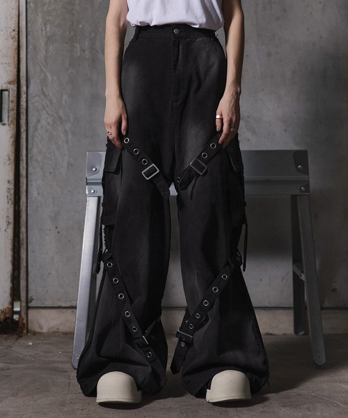 ERAR】ヴィンテージライクスプレー加工ベルトデザインギミックデニム