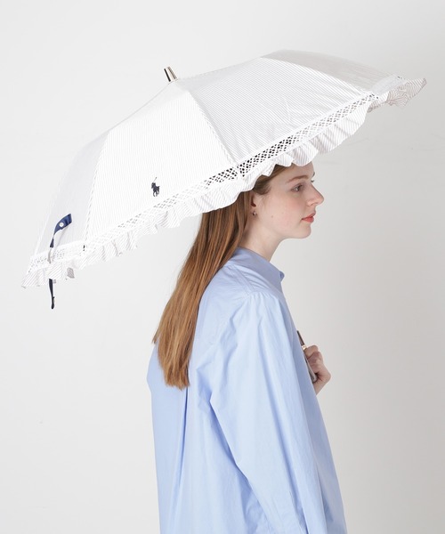 遮光 晴雨兼用折りたたみ日傘 ”ストライプフリル”（折りたたみ傘