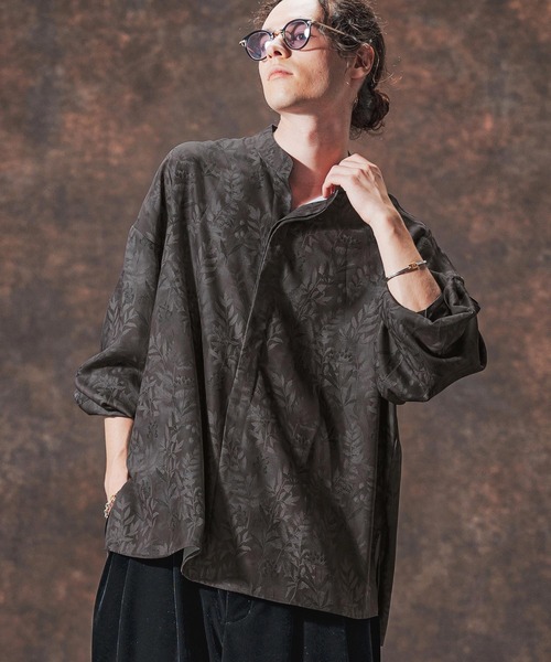 ms6212-リーフ総柄スタンドカラープルオーバーシャツ(JIH-R1142