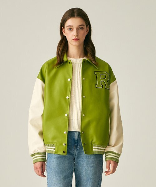 セール】(UNISEX)9111 VARSITY LEATHER JACKET_LIGHT GREEN