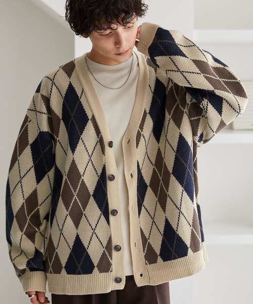 ボリュームWジャガードニットアーガイル柄ルーズカーディガン MONO