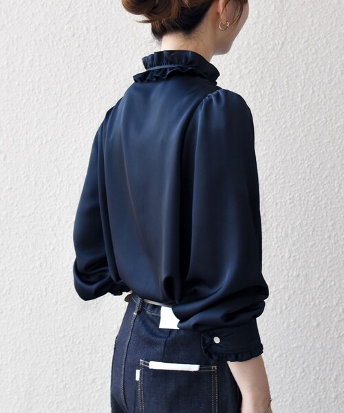 SHIPS any:〈洗濯機可能〉サテン フリル カラー リボン シャツ