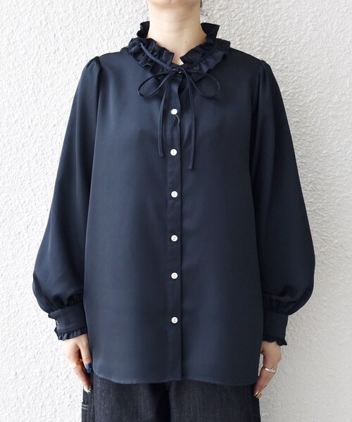 SHIPS any:〈洗濯機可能〉サテン フリル カラー リボン シャツ