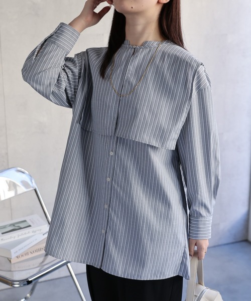 セール】【選べる】バックプリーツバンドカラーシャツ 襟付き（シャツ