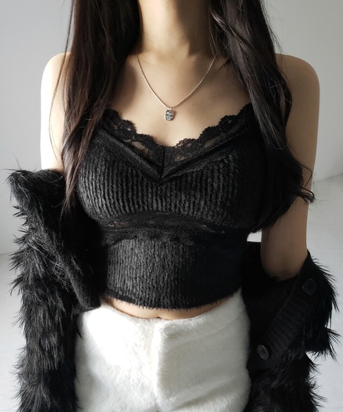 セール】【 カップ付き 】ダブルレースシャギーファーショートビスチェ